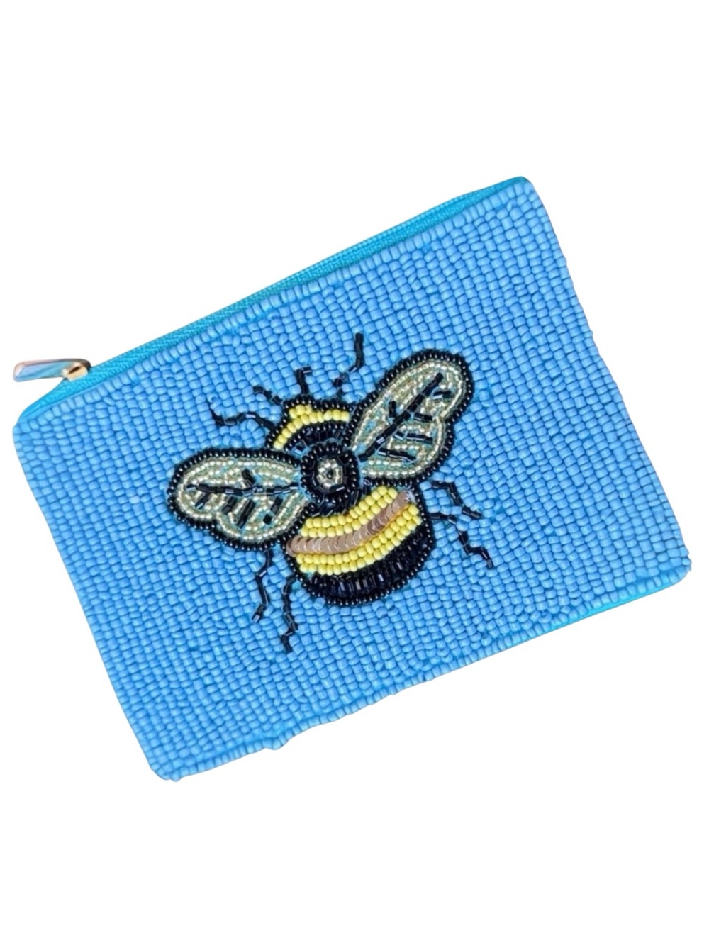 Last One! Handmade Bee Beaded Coin Purse Blue Zip Lipstick Pouch Card Holder